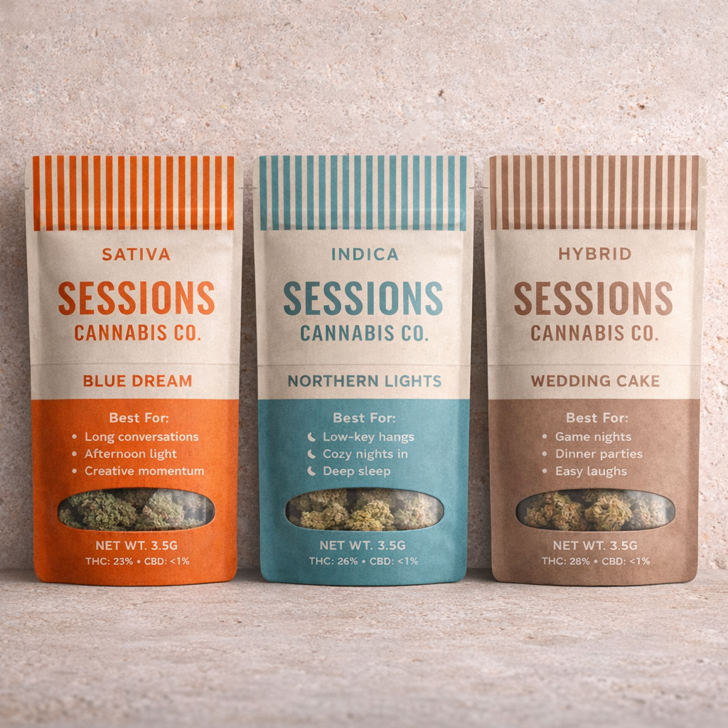 Sessions Cannabis Co. flower products — Blue Dream Sativa, Northern Lights Indica, Wedding Cake Hybrid