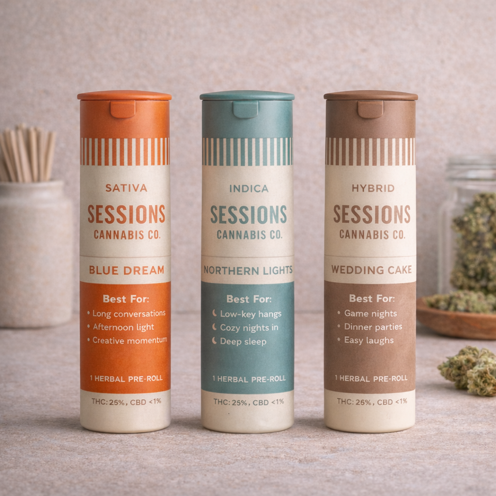 Sessions pre-roll tubes — three tubes showing Sativa, Indica, and Hybrid strains