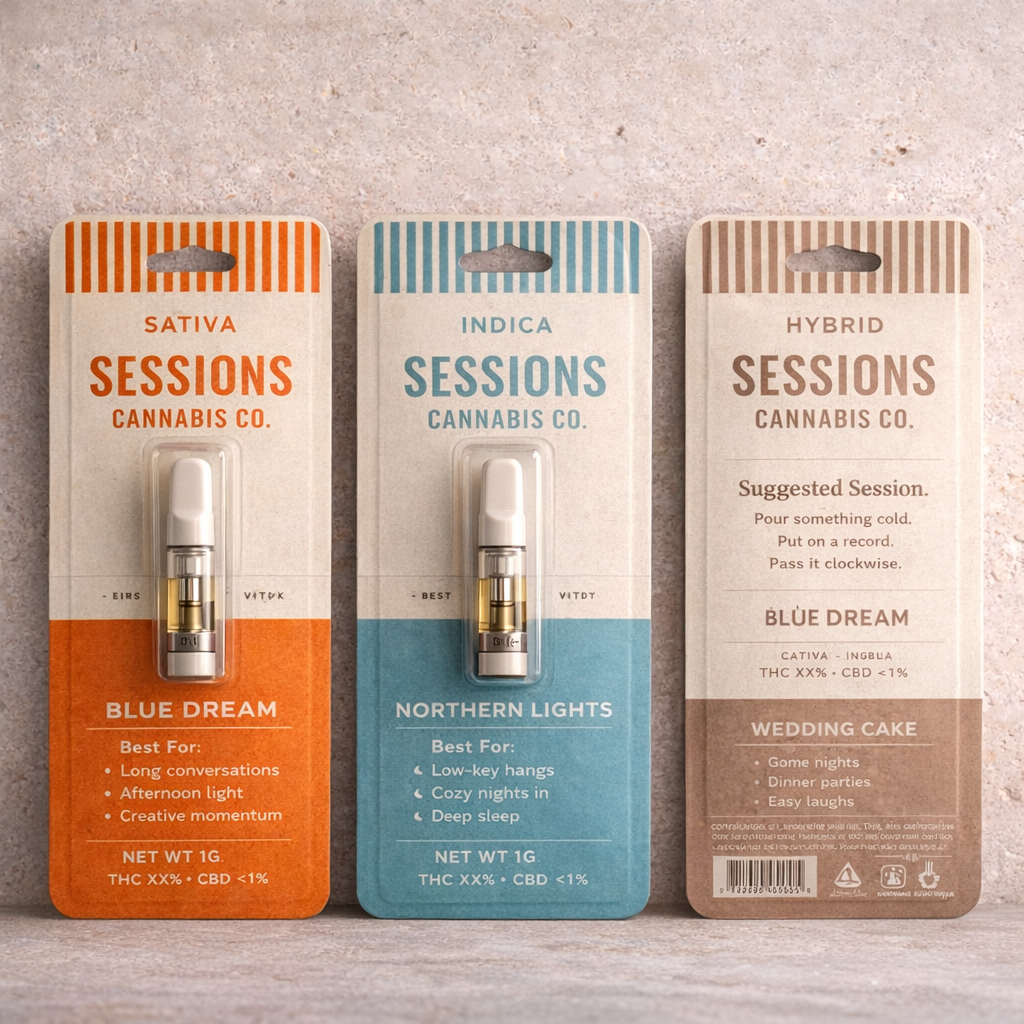 Sessions vape cartridges — three cartridges showing Sativa, Indica, and Hybrid options